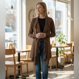 Karen Scott Brown Open Front Cardigan Sweater with Waterfall front Small